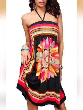 Source Unknown Black Halter Floral Sundress with Pink, Orange & Yellow Accents